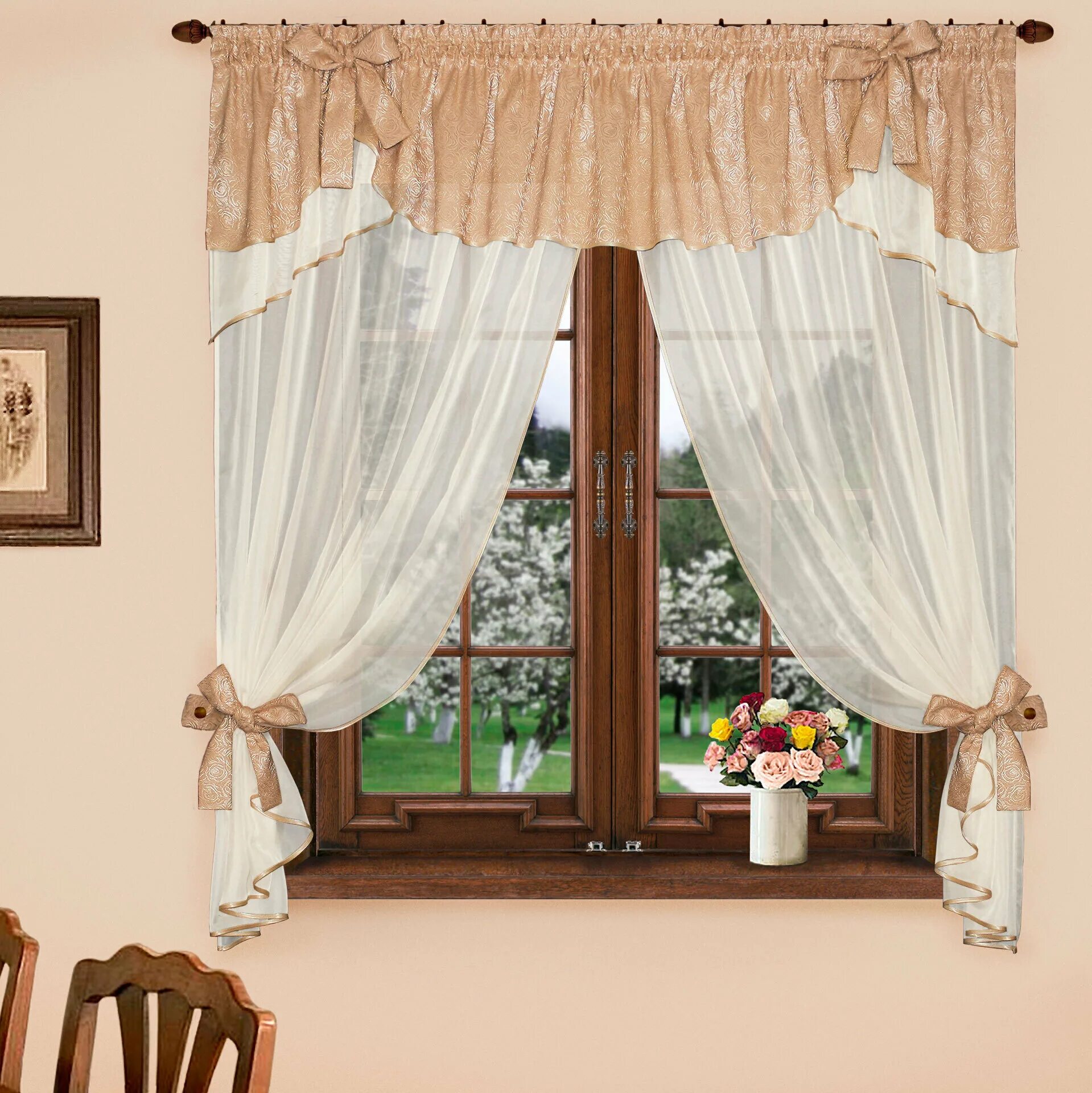 Кухонные шторы фото Штора для кухни VS-Style М255-2 кофе-крем 160х290см, бежевый, кремовый, Вуаль, Ж