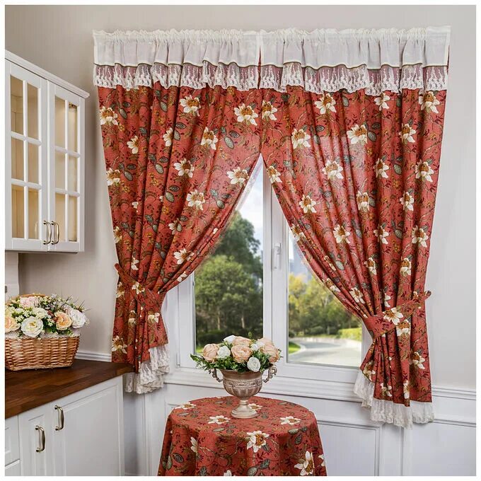 Кухонные шторы фото для кухни КОМПЛЕКТ ШТОР КУХОННЫХ ИЗ 2-Х ШТ "МАГНОЛИЯ" 150Х180СМ, 100% ХЛОПОК, КОРИЧНЕВЫЙ. 