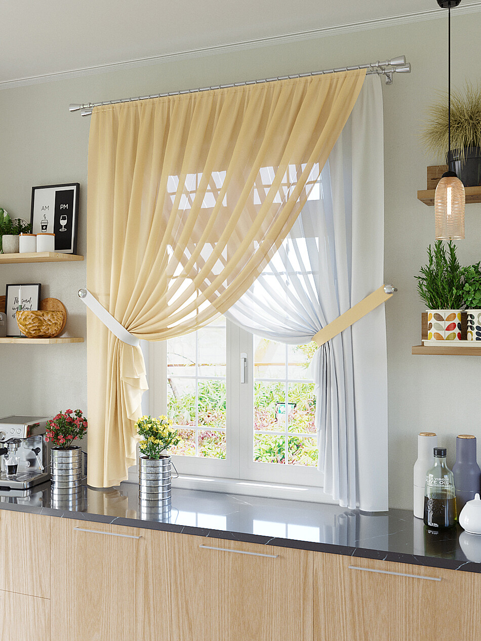 Кухонные шторы фото для кухни Комплект штор шторная лента (крючки), кулиска, 9223027 вуаль 150х180 см - 2 шт.,