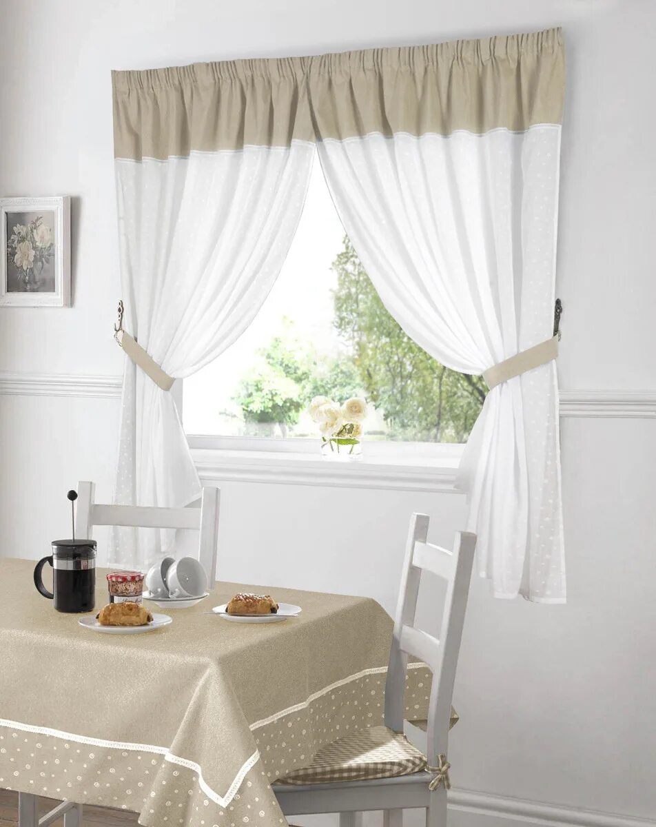 Кухонные шторы в интерьере Комплект штор Garden (Текстиль) Кухня Фанни V73228 180х150см, бежевый, Полиэстер