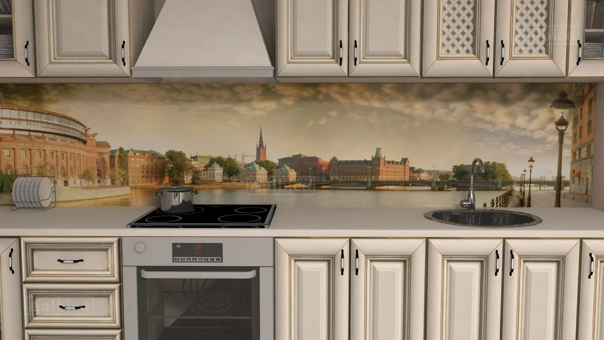 Кухонные стеновые панели фото Кухня с фартуком цвета яшма - 4sofa.ru