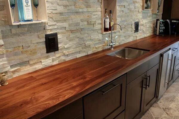 Кухонные столешницы под дерево фото Reclaimed Wood Kitchen Countertops Green Glass Backsplash Unique Glass Pendant L
