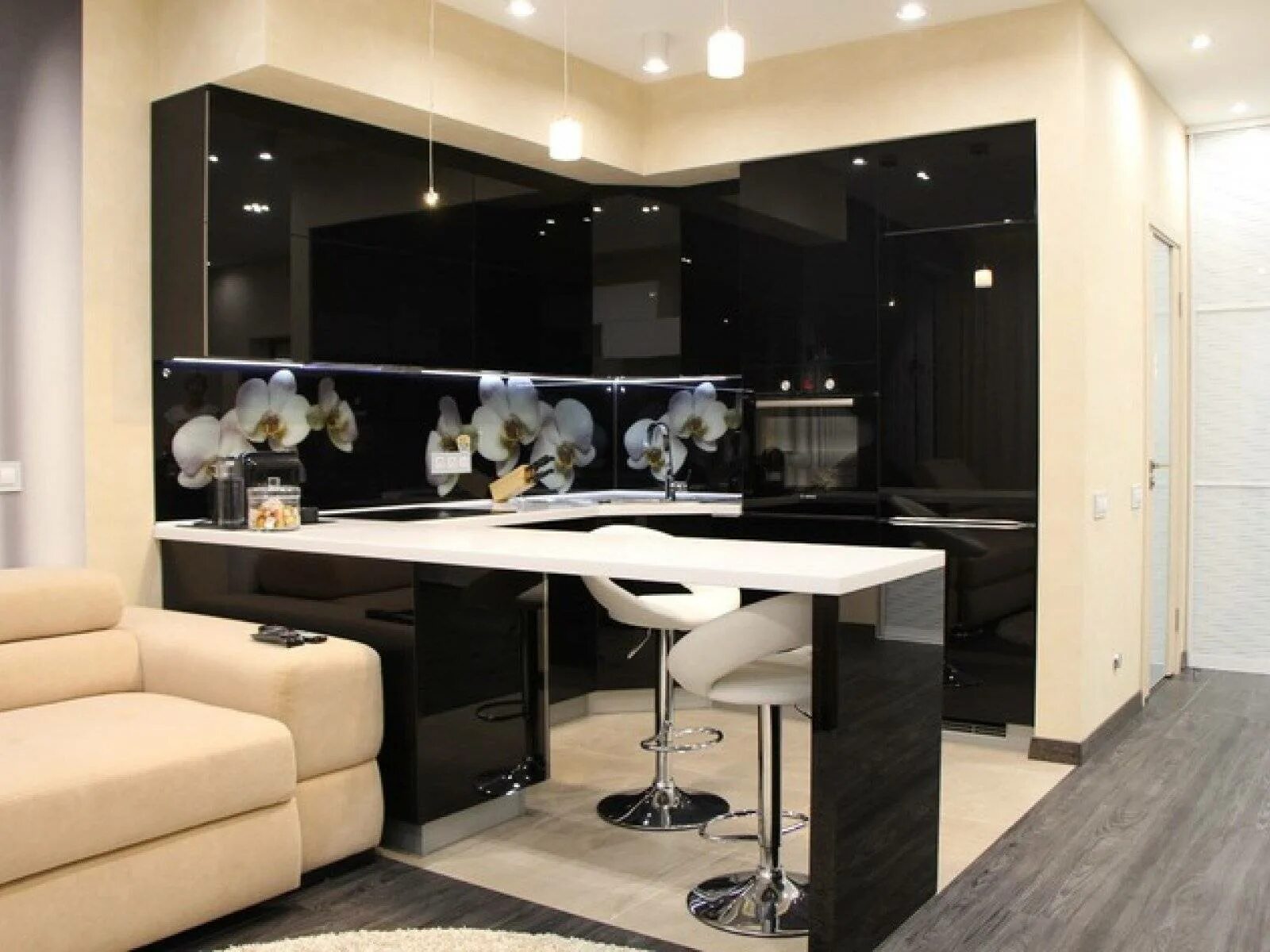 Кухонные студии фото Черно-белая современная кухня с барной стойкой для студии 27 кв м (15 фото)