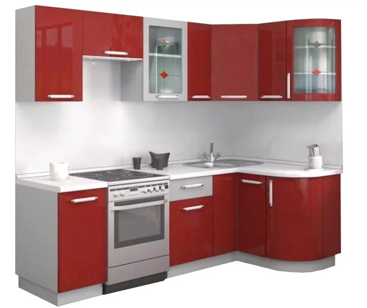 Кухонные угловые кухни недорогие фото Кухня Бланка угловая 1230х1785 с гнутыми фасадами на заказ Боровичи ПП, Красный 