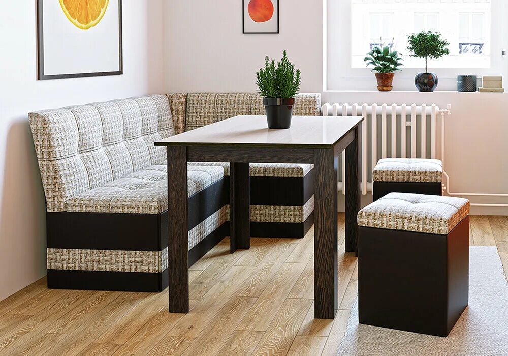 Кухонные уголки для маленькой кухни угловые фото Уголок кухонный ТриЯ Оскар кожзам темный / ткань светлая - купить в интернет-маг