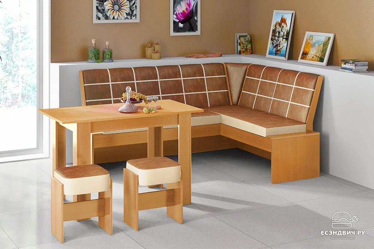 Кухонные уголки купить цена фото Кухонный уголок plaid "Chester" (Ольха/ Кожзам. Коричневый) Esandwich-ТрЯ-Кнтр. 