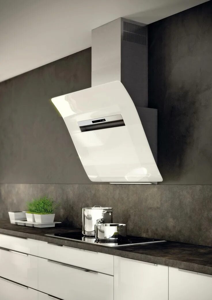 Кухонные вытяжки фото Berbel diagonale design wasemschouw uitgevoerd in 'Wit glas'. Deze apparatuur is