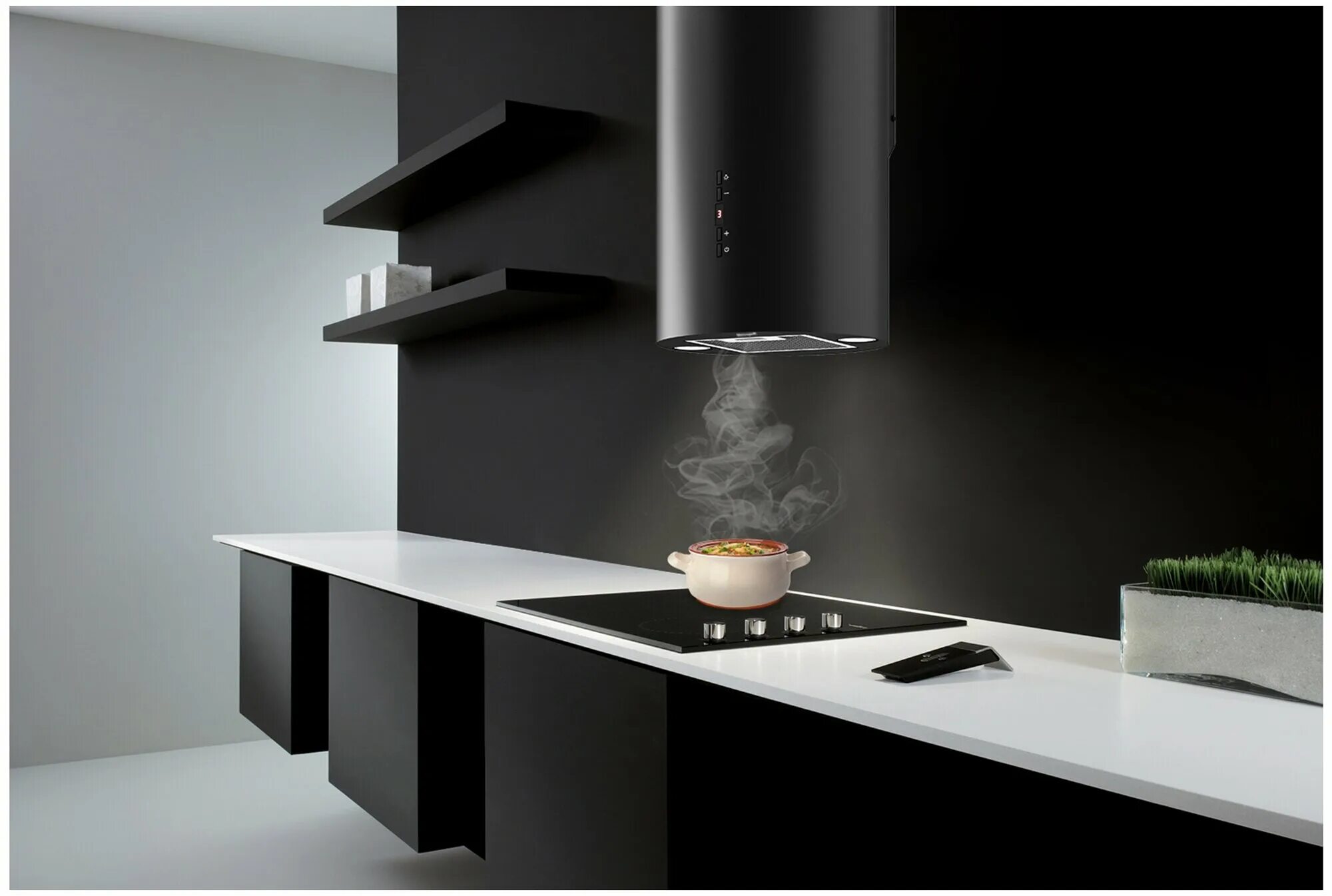 Кухонные вытяжки в интерьере Цилиндрическая вытяжка Weissgauff Tubus 90 Black edition, цвет корпуса black edi