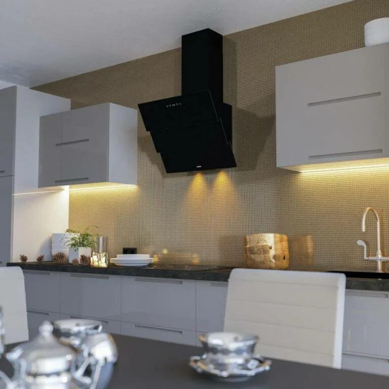 Кухонные вытяжки в интерьере кухни с трубой Наклонная вытяжка в интерьере кухни: фото вариантов дизайна, как ее выбрать