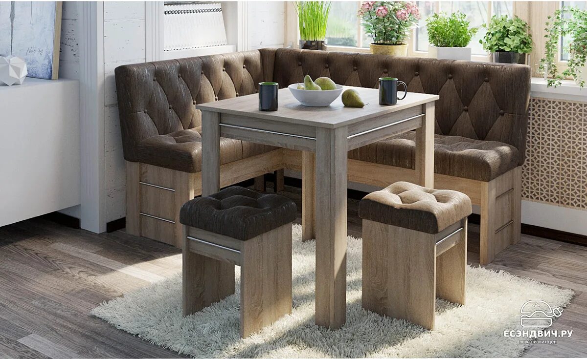 Кухонные зоны фото Кухонный уголок "Viviene" (Дуб Сонома трюфель/Кожзам. Коричневый) Esandwich-ТрЯ-