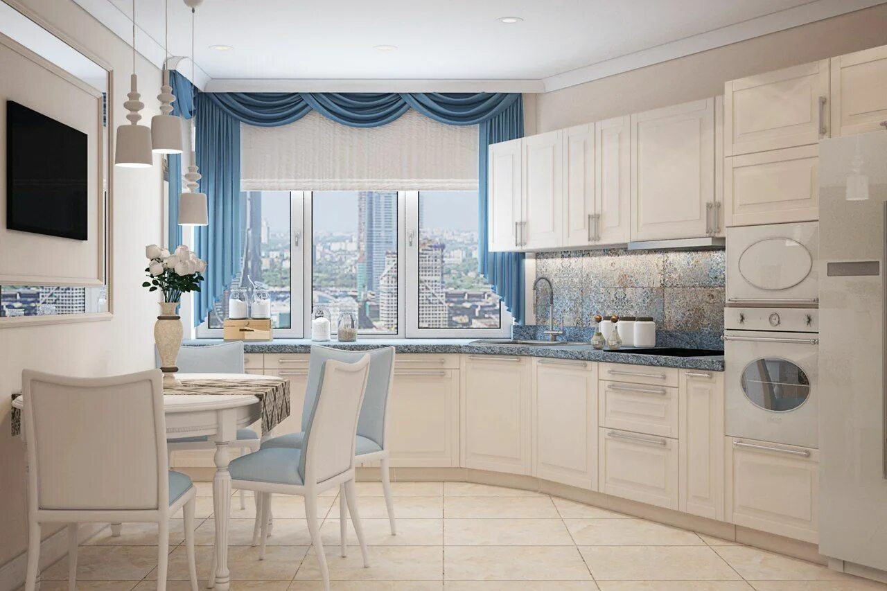 Кухонный бежевый интерьер 3к.кв. для большой семьи в Черемушки 2. Голубые акценты в гостиной и спальне выг