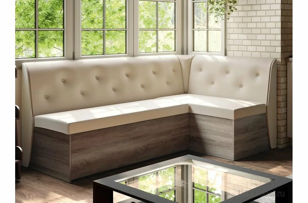 Кухонный диван для кухни фото Кухонный диван Тайлер дуб сонома трюфель / кожзам кремово-бежевый - купить в Мос