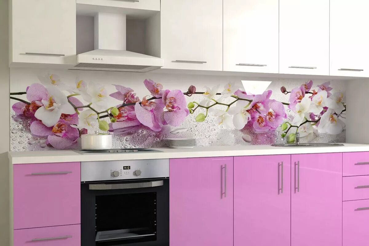 Кухонный фартук для кухни фото Фартук скинали для кухни "Орхидеи" - заказать в Москве с установкой Skinali Shop