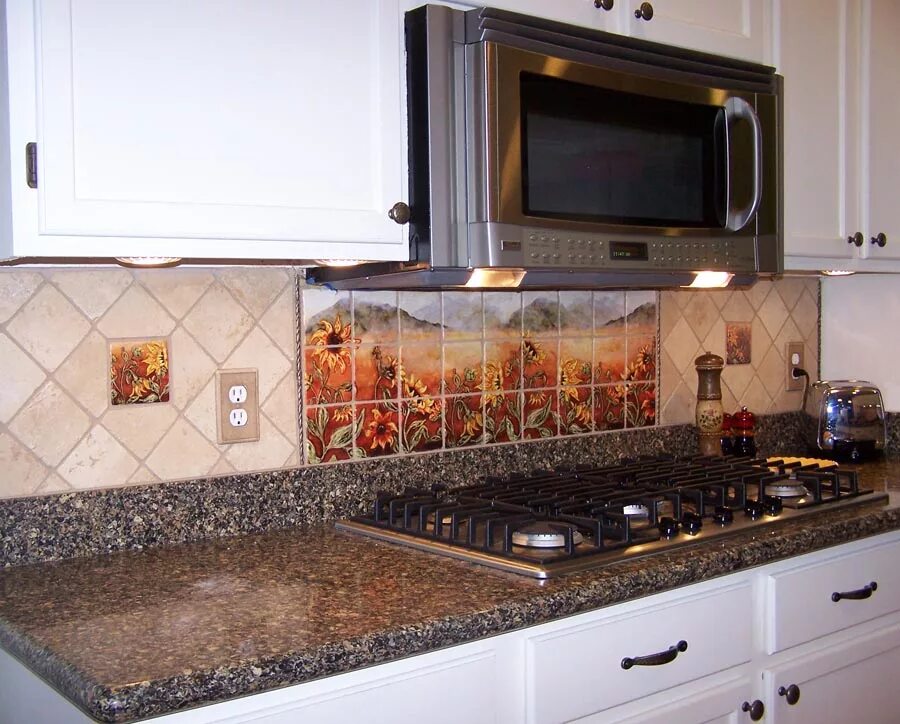 Кухонный фартук из плитки фото Sunflower Kitchen Tile Murals - Western Backsplash of Sunflowers