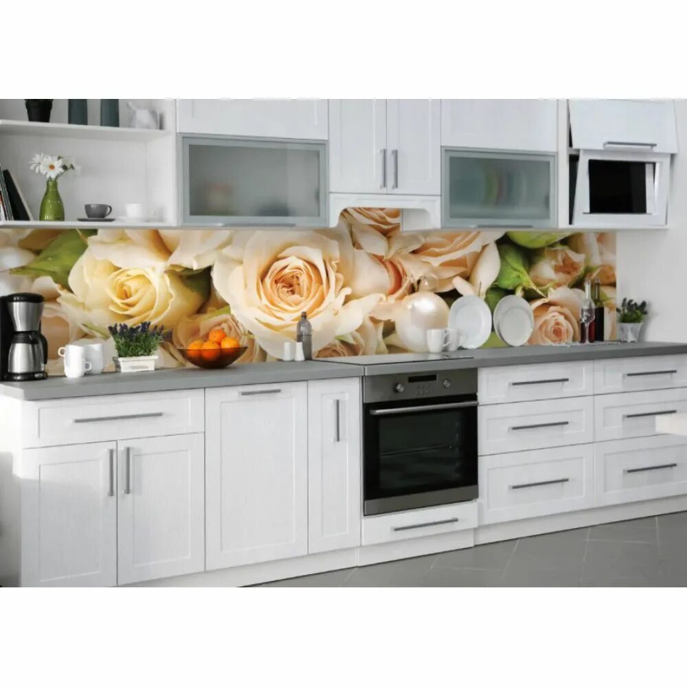 Кухонный фартук купить фото Наклейка кухонный фартук 65х250 см Роза беж - Купить бюджетный 3Д фартук скинали