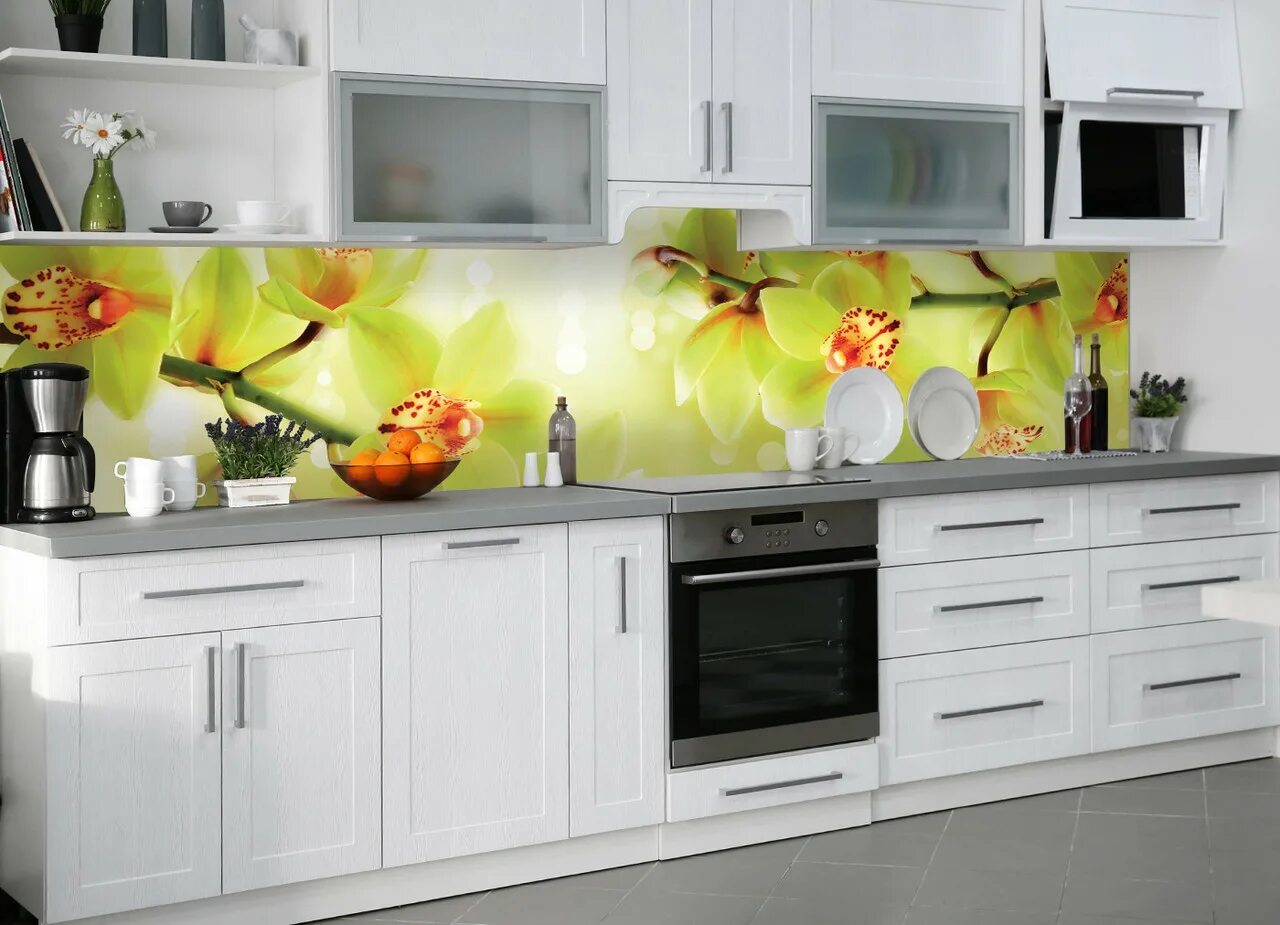 Кухонный фартук купить фото Скинали на Кухню Zatarga "Орхидеи Тигровые" 600х2500 Мм Желтый Виниловая 3Д Накл