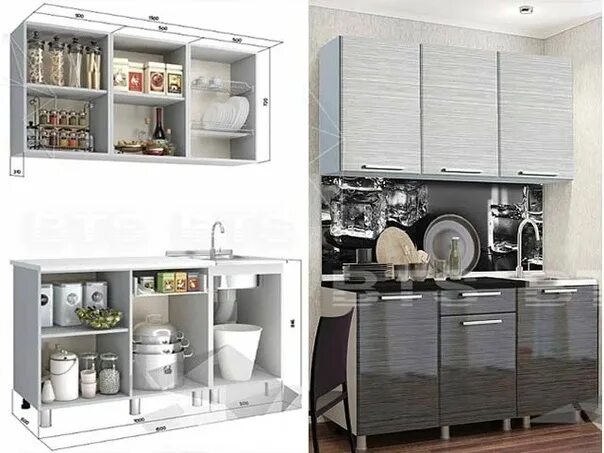 Кухонный гарнитур 1.5 м фото Беспроигрышное сочетание черно-белых глянцевых поверхностей кухни "Титан" дает о