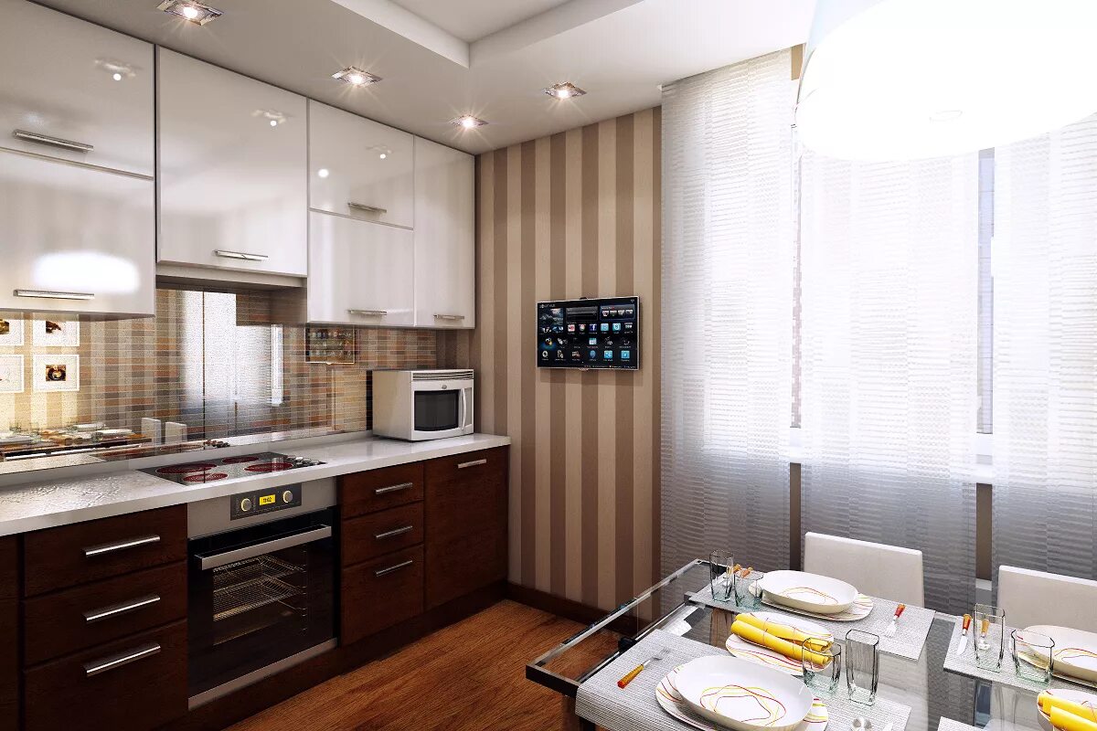 Кухонный гарнитур 12 кв м фото Угловая бежевая кухня с темным фартуком и потолком 11,8 кв.м.