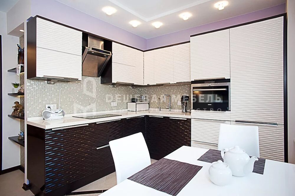 Кухонный гарнитур 9 кв м фото Хай-тек угловая кухня с 3d фасадами черно-белого цвета "Мираж арт.4"