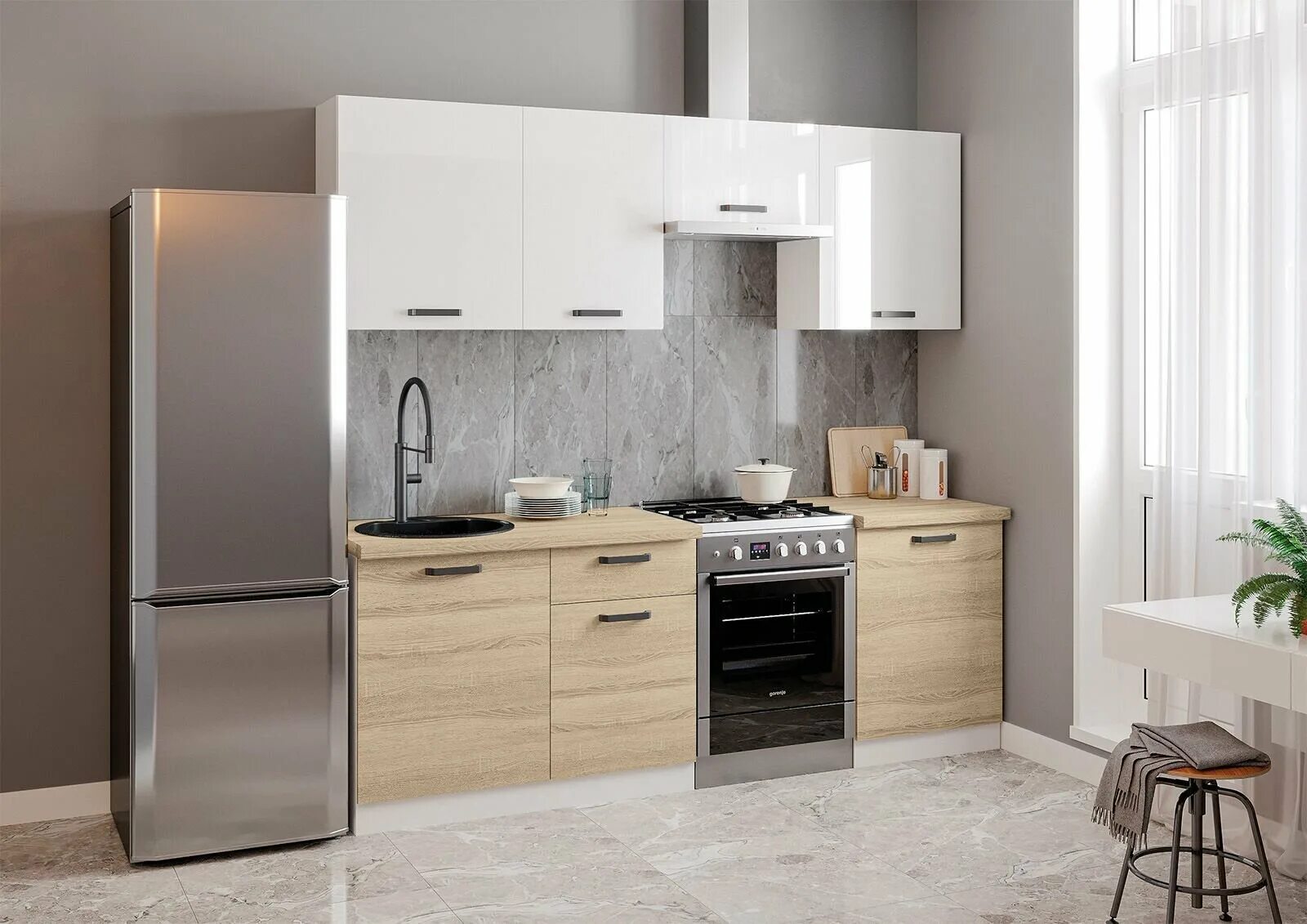 Кухонный гарнитур альбион блеск 1057 10 фото Кухонный гарнитур, кухня готовое решение, 2,2х0.6х2.14 м, Дуб сонома, Белый глян