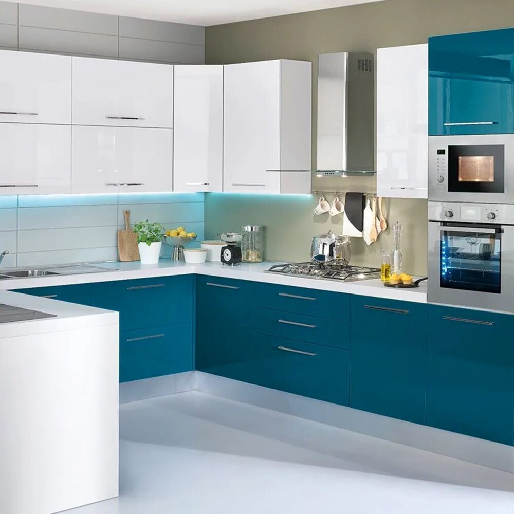 Кухонный гарнитур бело голубой фото Кухни Хай-Тек в Барнауле