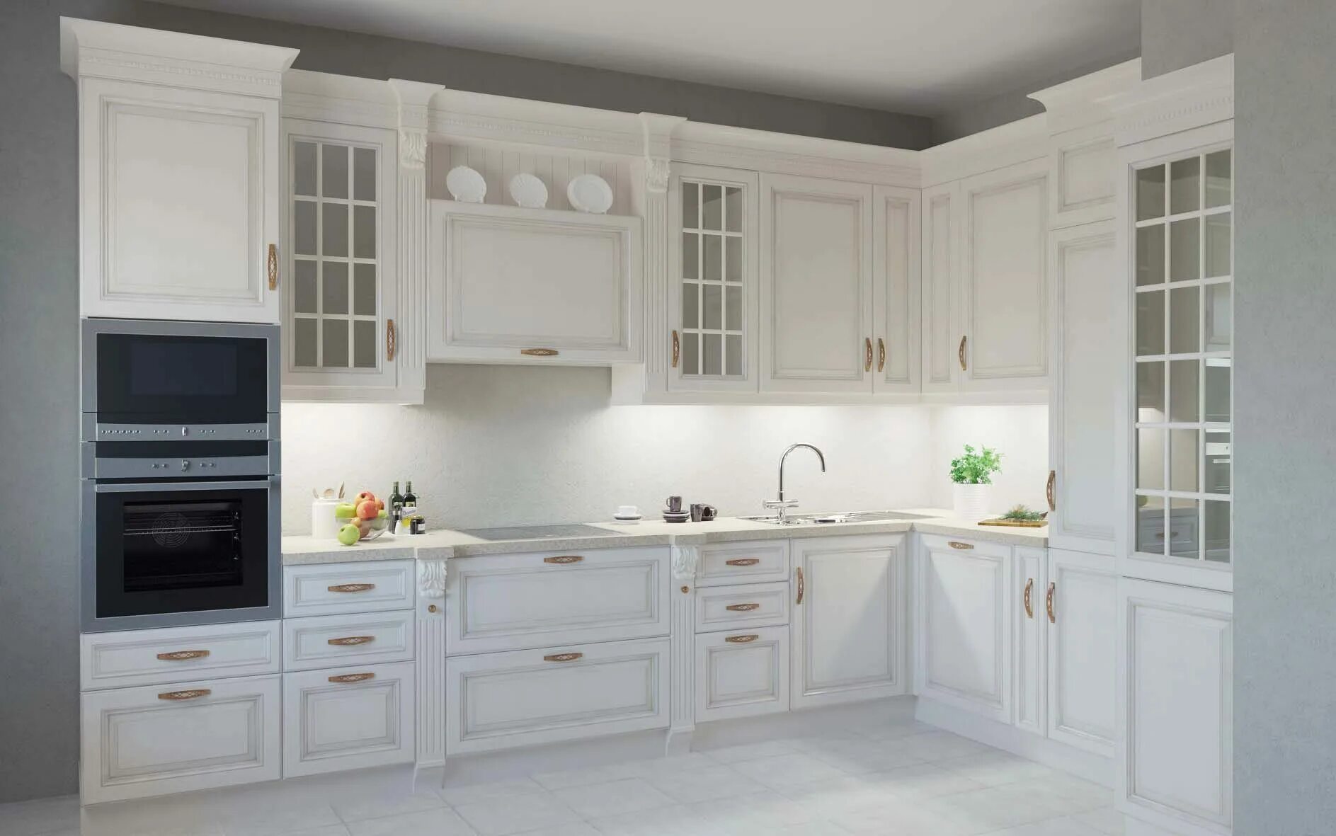 Кухонный гарнитур белого цвета фото Кухня Сатурно купить по цене 392 250 руб. с профессиональной сборкой и доставкой