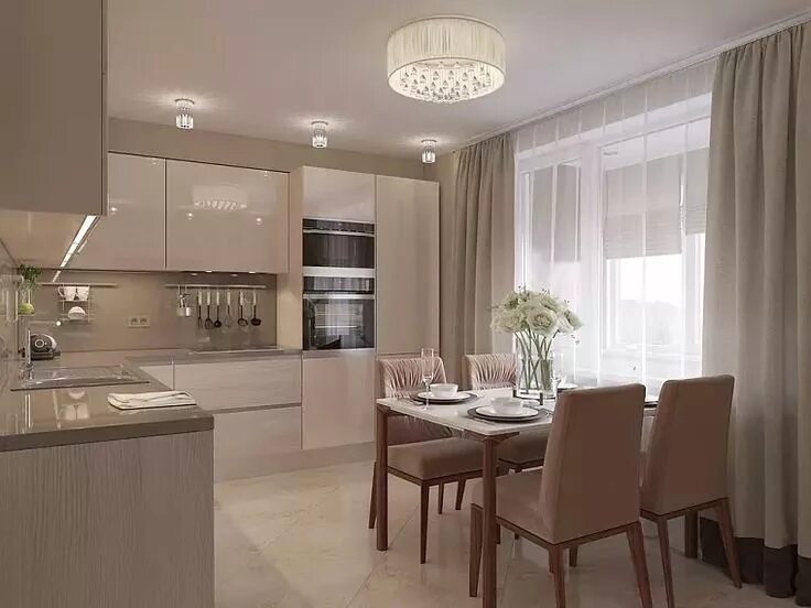 Кухонный гарнитур бежевого цвета в интерьере Интерьер 3-х комнатной квартиры в современном стиле на проспекте Просвещения, . 