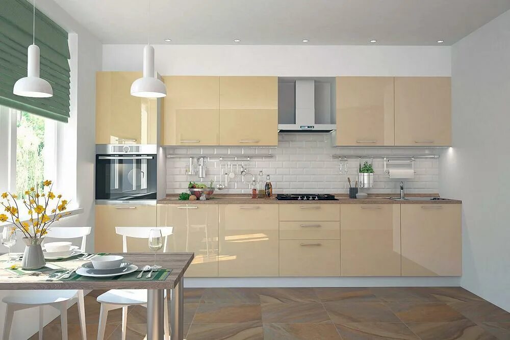 Кухонный гарнитур бежевого цвета в интерьере Готовая кухня Сивирин-Компани Клео глосс 2.7 (коричневый глянец\ваниль глянец) -