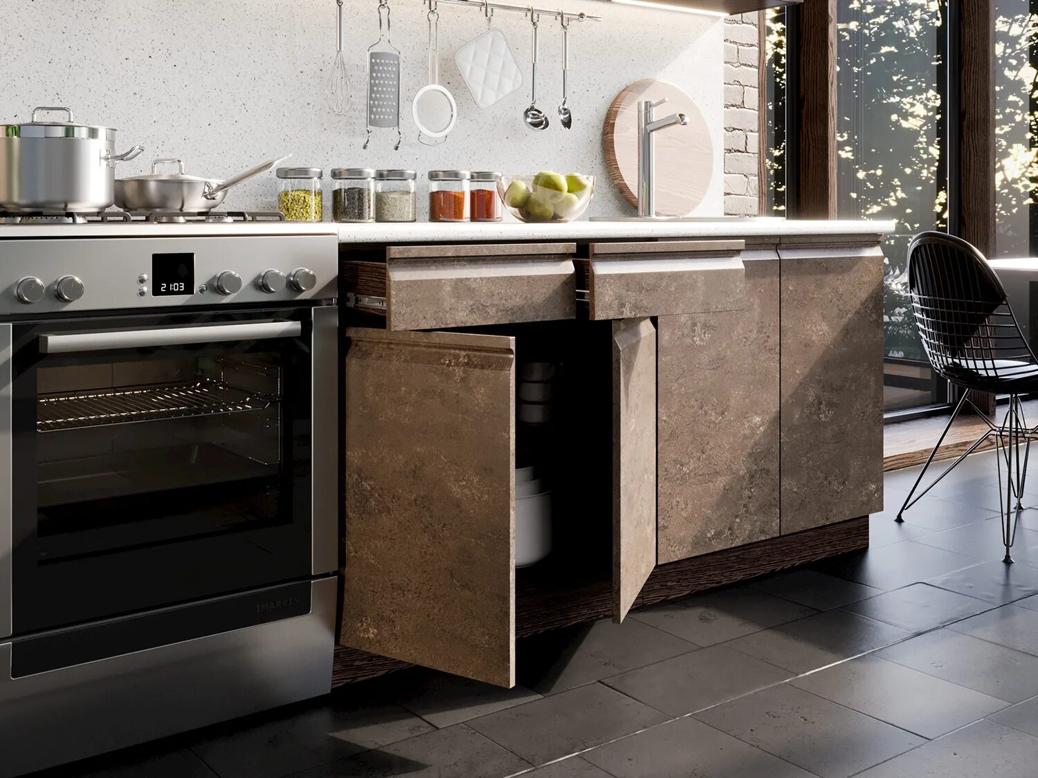 Кухонный гарнитур бруклин фото Модульная кухня Бруклин 3,2 м (Бетон коричневый/Клен Скандинавский/Белый) купить