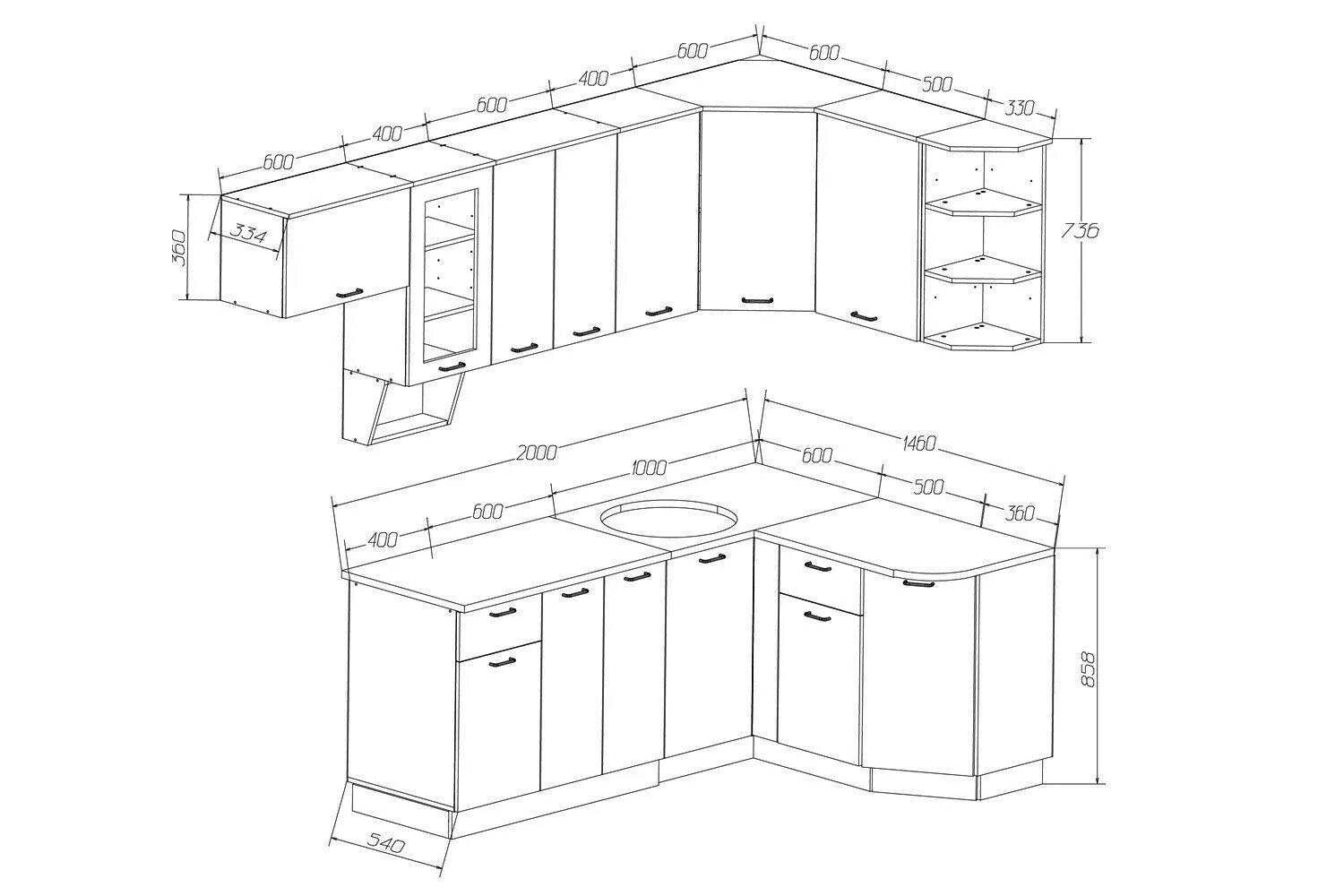 Кухонный гарнитур чертежи фото Угловой кухонный шкаф, виды с размерами и чертежи разных моделей