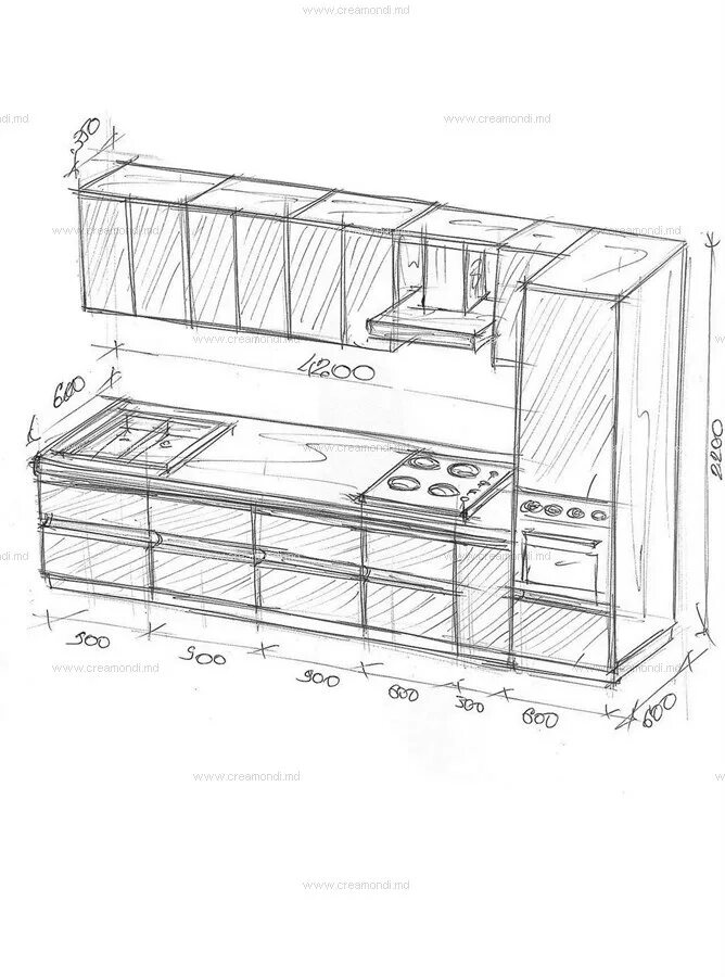 Кухонный гарнитур чертежи фото Кухня в линию с пеналом. в Молдове. Эскизы и чертежи мебели от Creamondi.