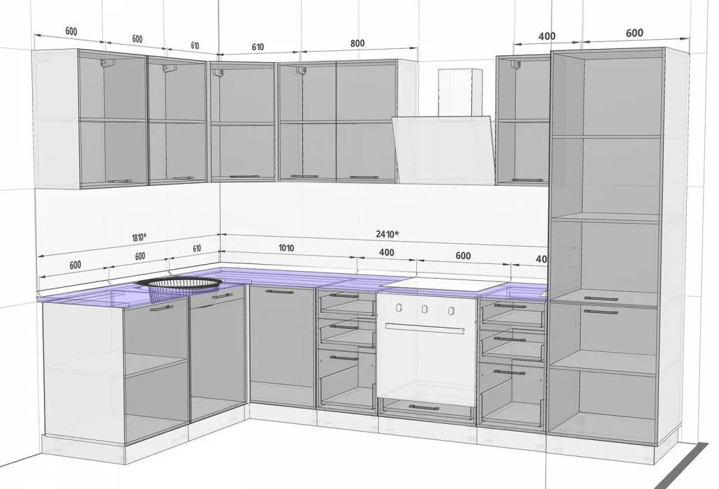 Кухонный гарнитур чертежи фото Модульный кухонный гарнитур Сити 3,01х1,81 м белый купить в Санкт-Петербурге по 