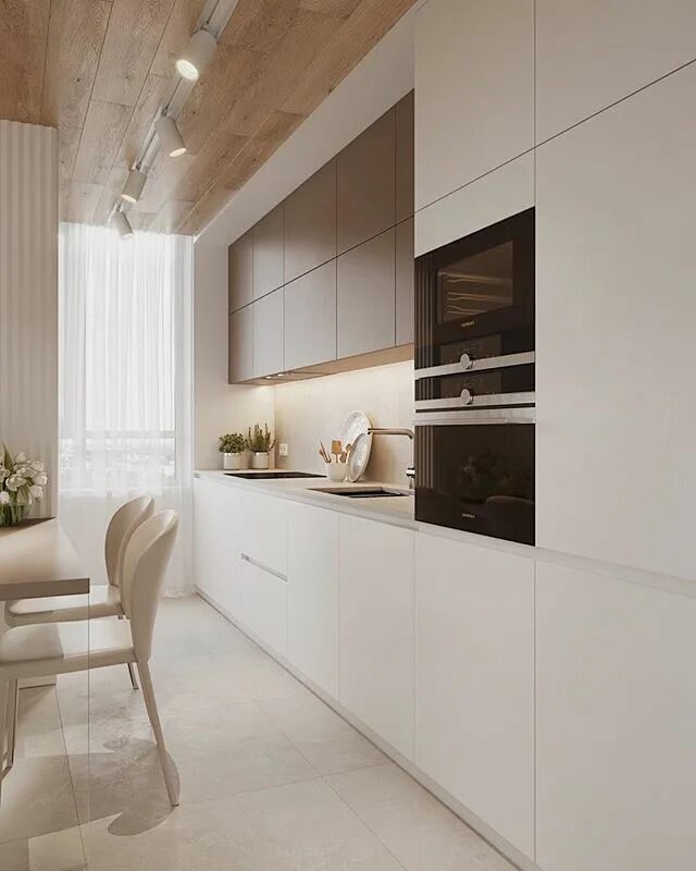 Кухонный гарнитур дизайн современный в светлых тонах beige neutral kitchen wood plank panel ceiling design idea modern small condo id
