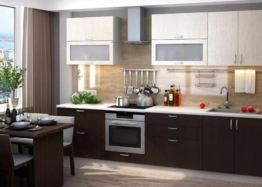 Кухонный гарнитур для прямой кухни фото Кухонный гарнитур "Дина" Белый / Венге - Дуб белфорт - Интернет магазин мебели "