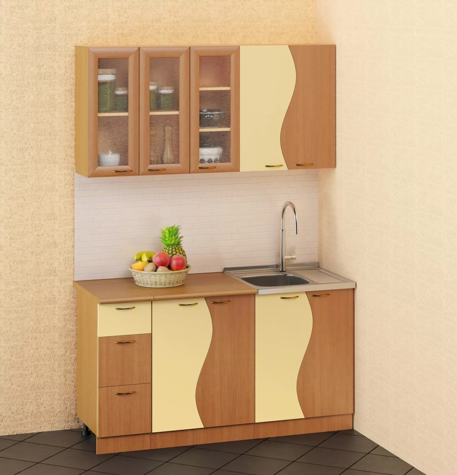Кухонный гарнитур эконом фото Кухня Волна 1500 мм (Бук темный персик) купить в Новосибирске по низкой цене Меб