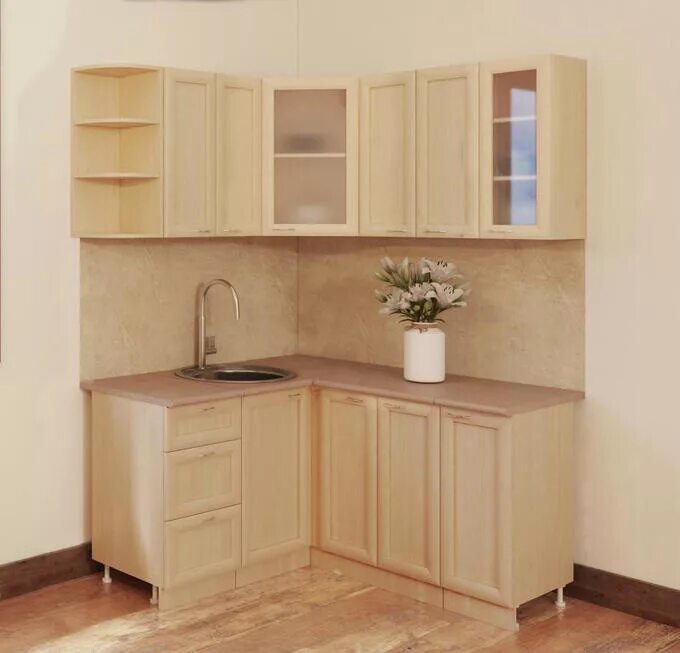 Кухонный гарнитур эконом фото БиГ / Кухня угловая "Рамочная" (13уп /Фурнитура.+лоток/мойка) (Белёный дуб) Кухн