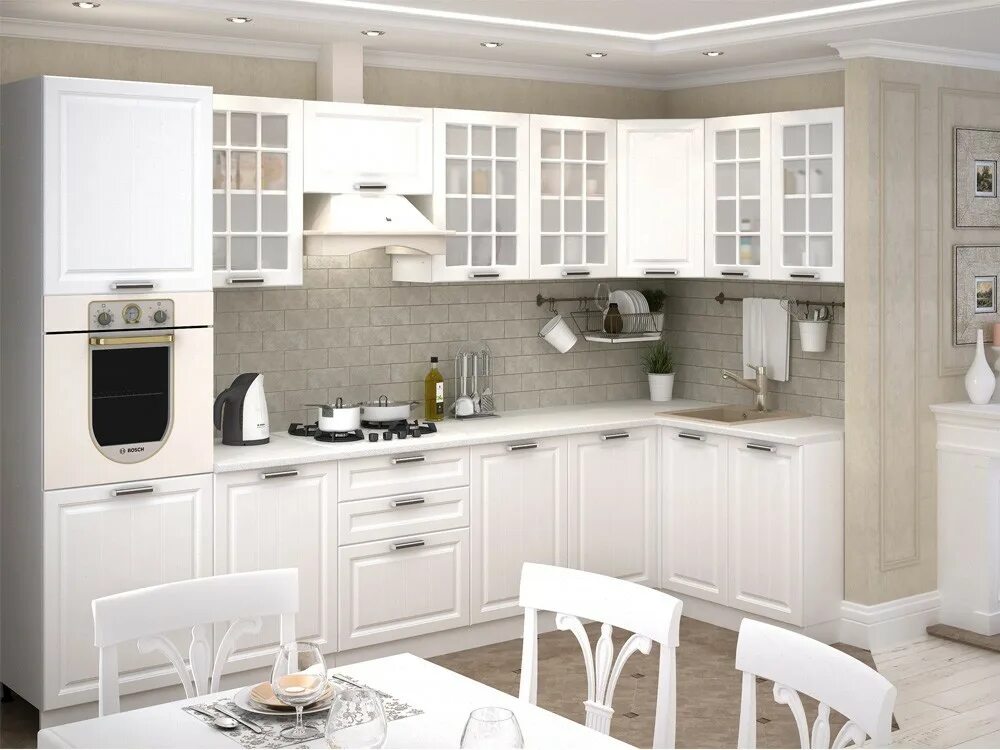 Кухонный гарнитур фото 2024 белый Купить Модульная кухня "Прага" (белое дерево/корпус крафт) по цене 34200 руб в Н