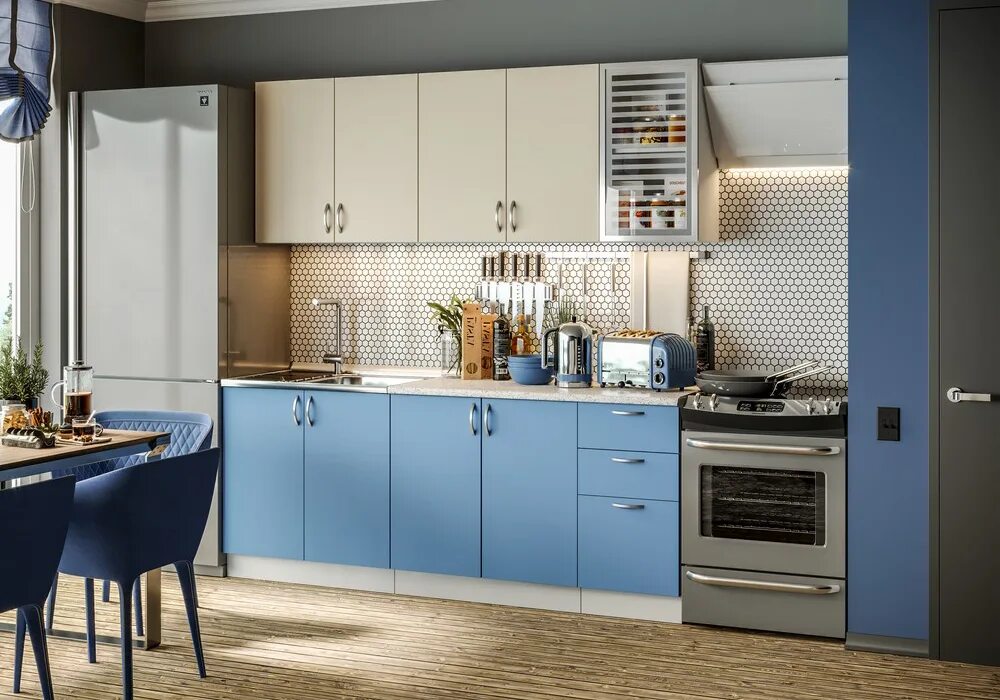Кухонный гарнитур гамма фото Кухня Контемп 2.0 м бежевый / синий арт. 08-63563 купить в Нижнем Новгороде по ц