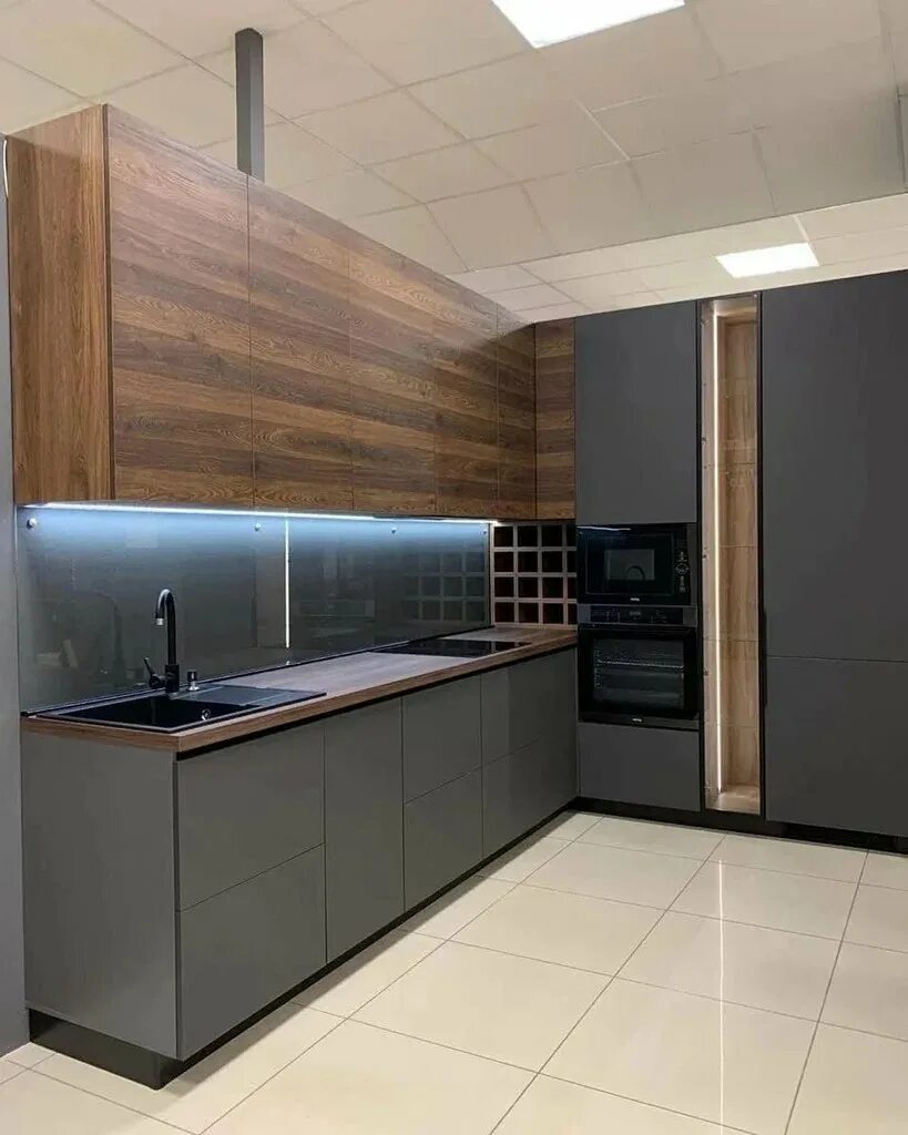 Кухонный гарнитур графит с деревом фото Кухня графит и дерево - кухня графит с деревом, мебель для кухни, кухня с деревя