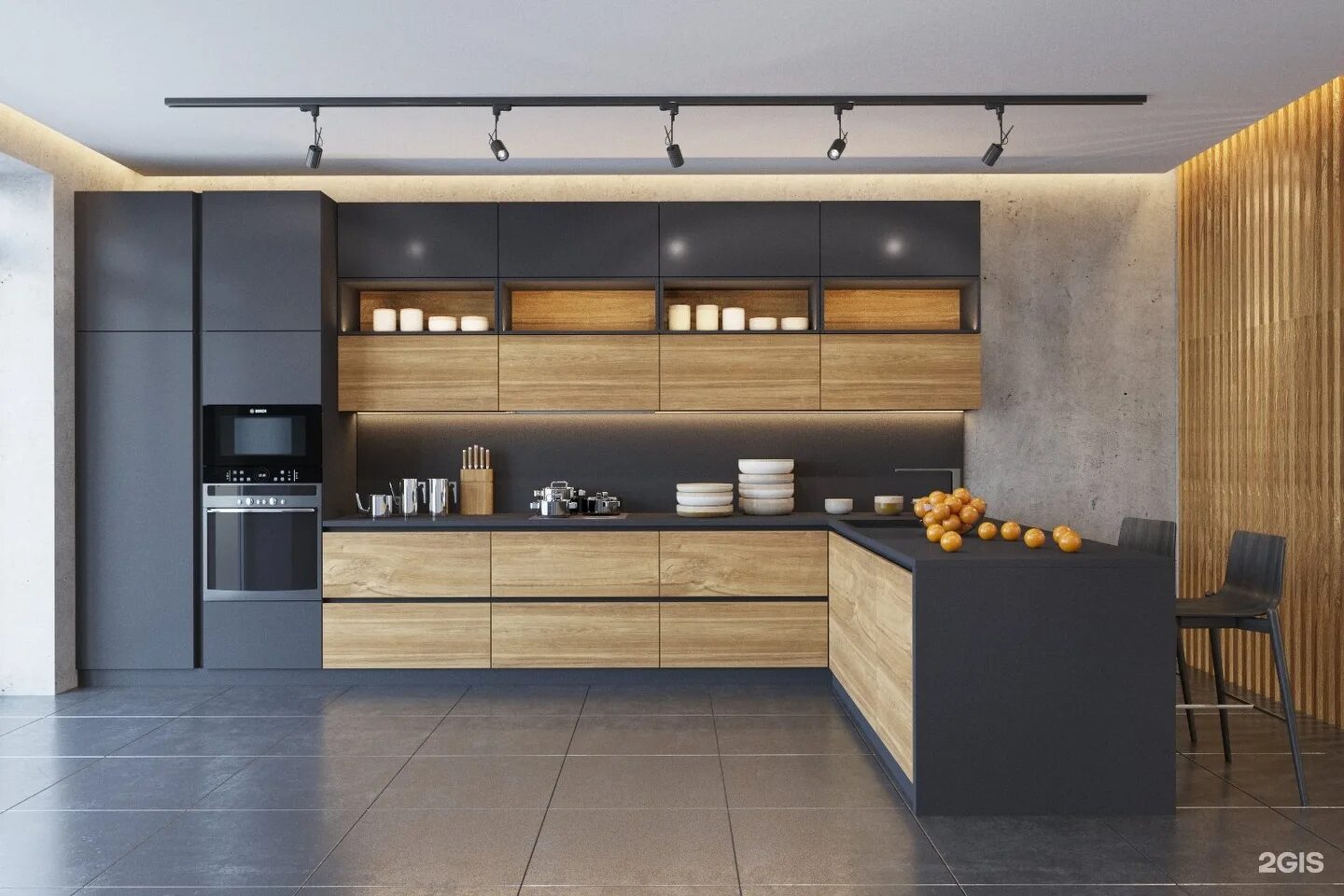 Кухонный гарнитур графит с деревом фото Good Space, студия мебели, Петровский проспект, 24 к1, Санкт-Петербург - 2ГИС