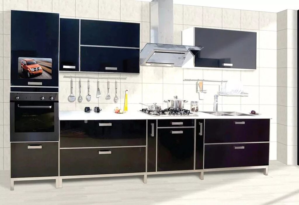 Кухонный гарнитур из пластика фото и цены Прямая кухня с фасадами из пластика черного цвета - "Пласт арт.38" в СПБ