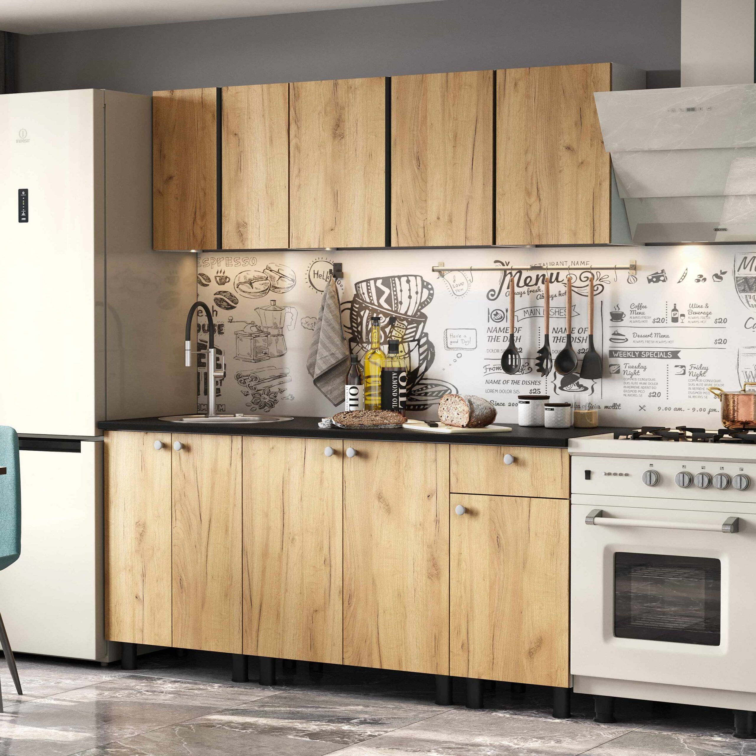 Кухонный гарнитур кг8 светофор фото Кухонный гарнитур КГ-1 (1.8м), Белый/Дуб золотой/Черный купить по выгодной цене 