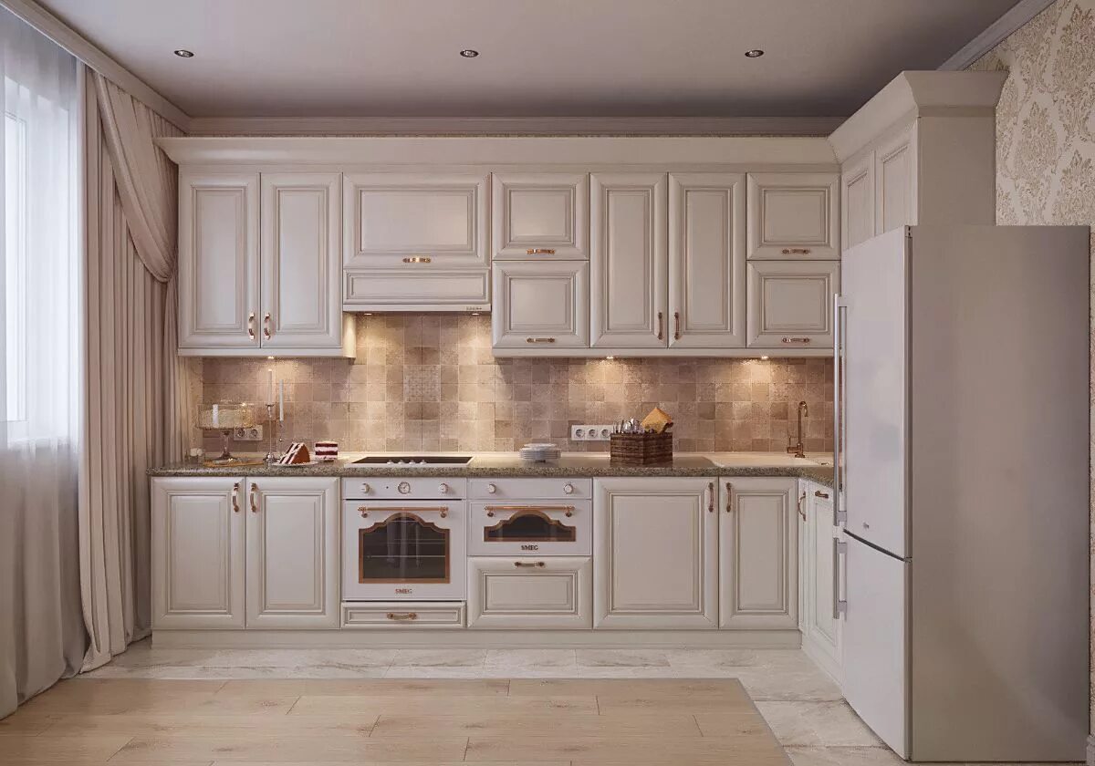 Кухонный гарнитур классика светлая фото Белая кухня золотистой патиной - Мебель на заказ, образцы
