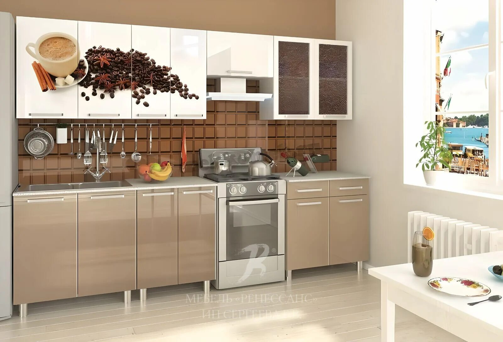 Кухонный гарнитур кофе фото Кухня "Зерна кофе", купить кухню с фотопечатью на заказ в г. Дмитров недорого.