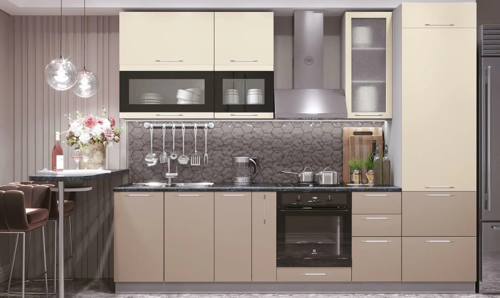 Кухонный гарнитур кофейного цвета фото Купить Модульный кухонный гарнитур "Олива" 2900 (ваниль глянец/кофе с молоком), 