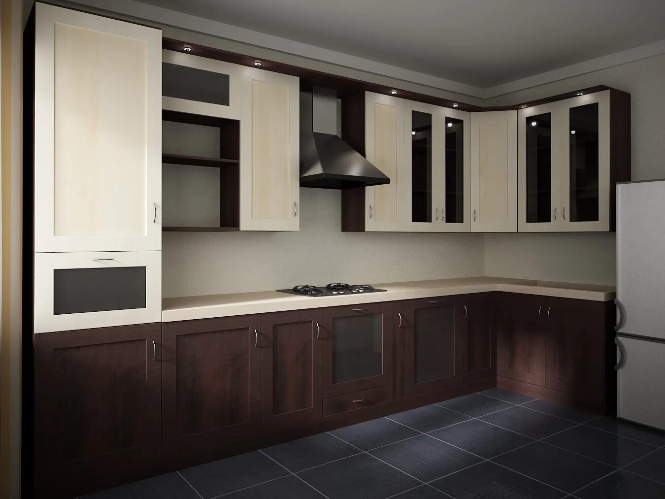 Кухонный гарнитур коричнево белый фото Дизайн интерьера и гарнитур комбинированной двухцветной кухни: светлый верх, тем