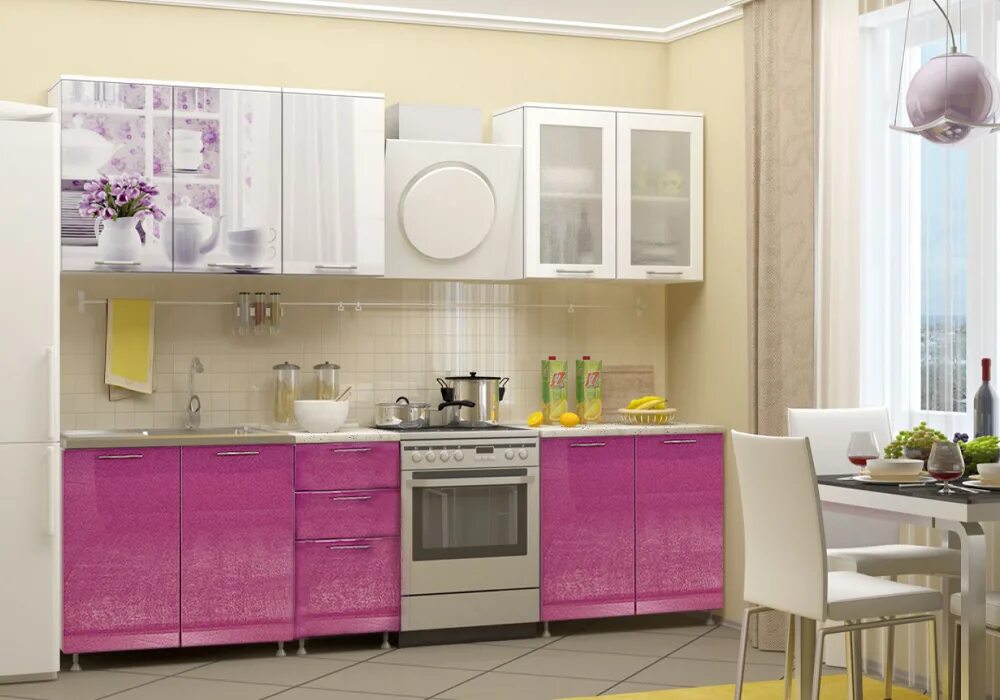Кухонный гарнитур купить в пензе фото Кухня Утро 2.0 м белый глянец / сиреневый металлик арт. 08-64933 купить в Красно