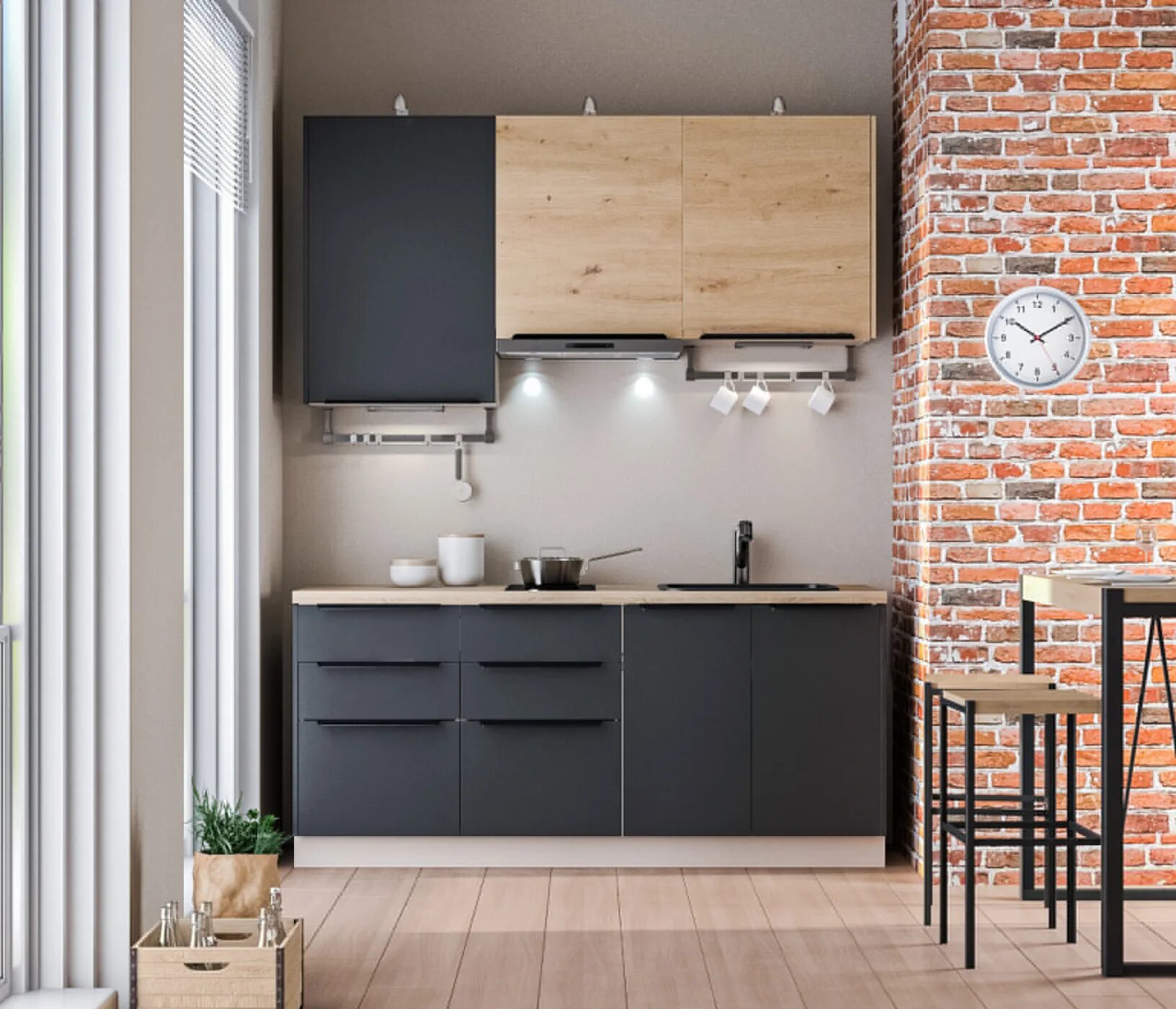 Кухонный гарнитур лофт фото Кухонный гарнитур ЛОФТ Регина Песочный/Диамант серый, Дуб дикий 1,8 м ПОД КЛЮЧ (