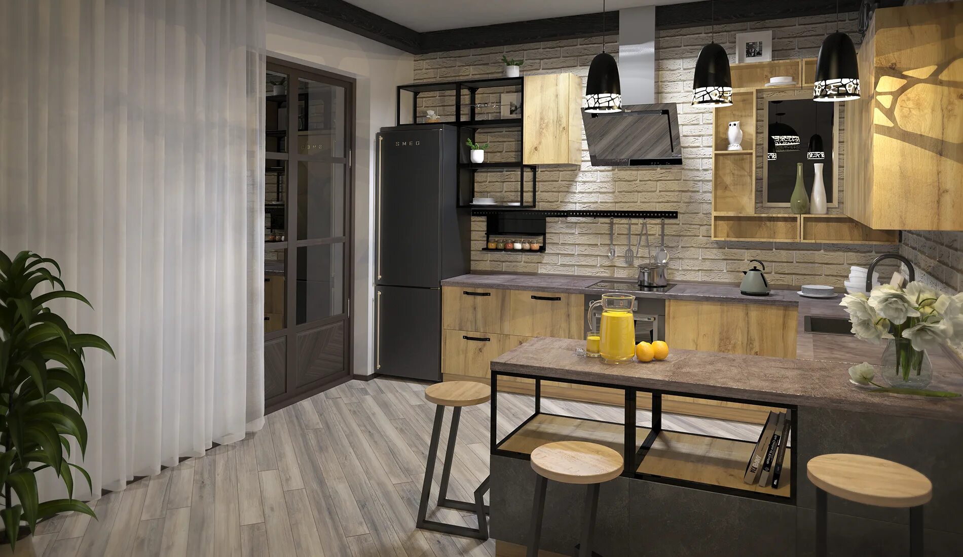 Кухонный гарнитур лофт фото Кухня Бостон (П-образная) в стиле лофт - кухня на заказ под Ваш размер от Кухни 