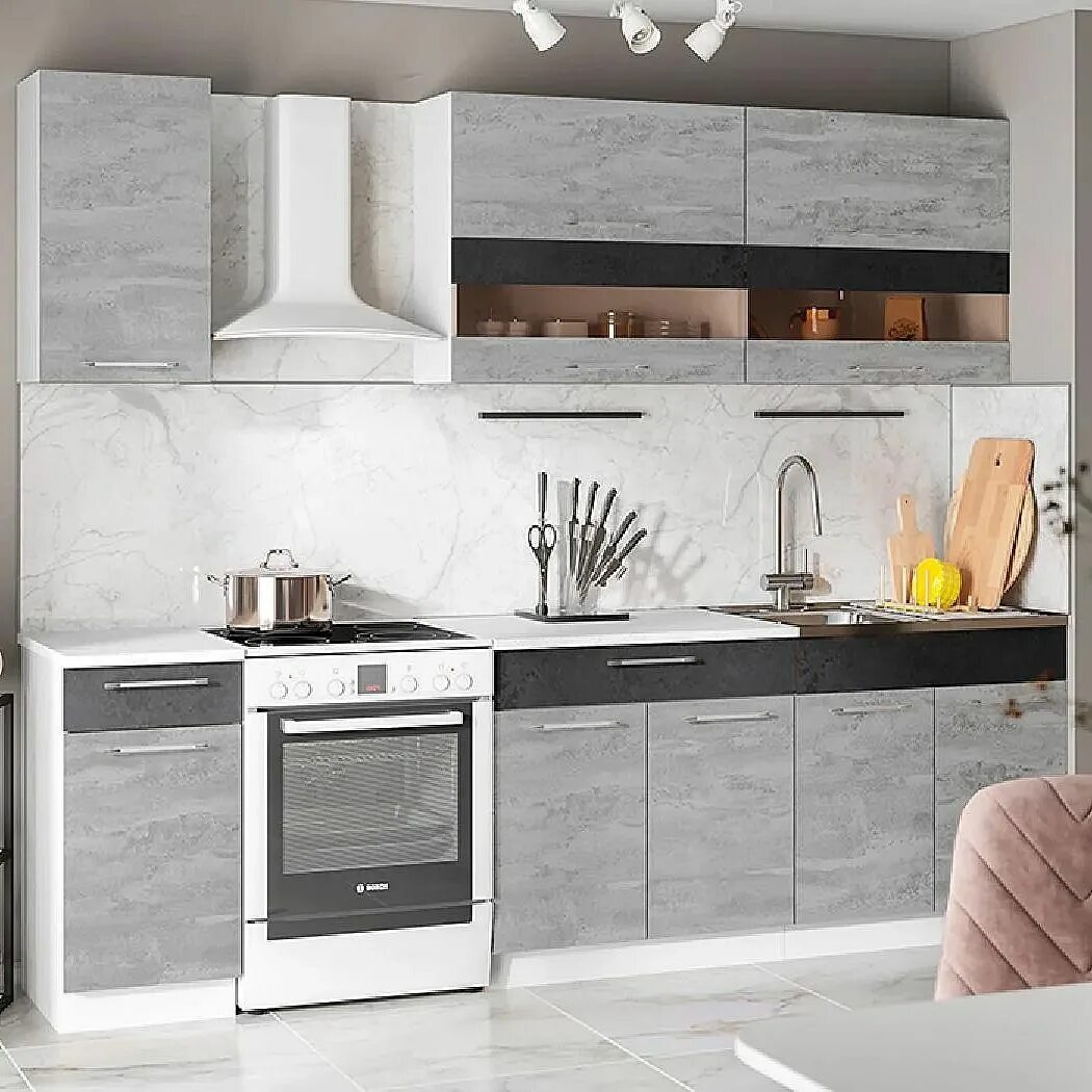 Кухонный гарнитур маша 2.0 фото Характеристики Кухня Маша 2.0 м белый / бетонный камень / угольный камень, Интер